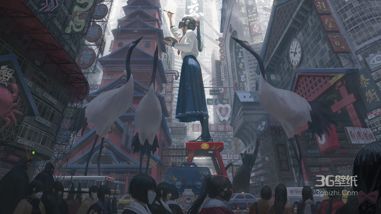 赛博朋克城市巨型仙鹤旁站立的校服女生奇幻插画壁纸1