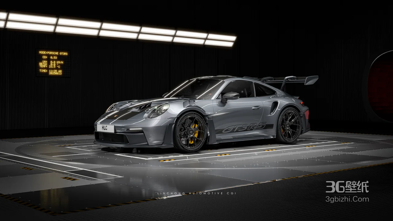 灰色保时捷911 GT3 RS跑车车库灯光场景壁纸1
