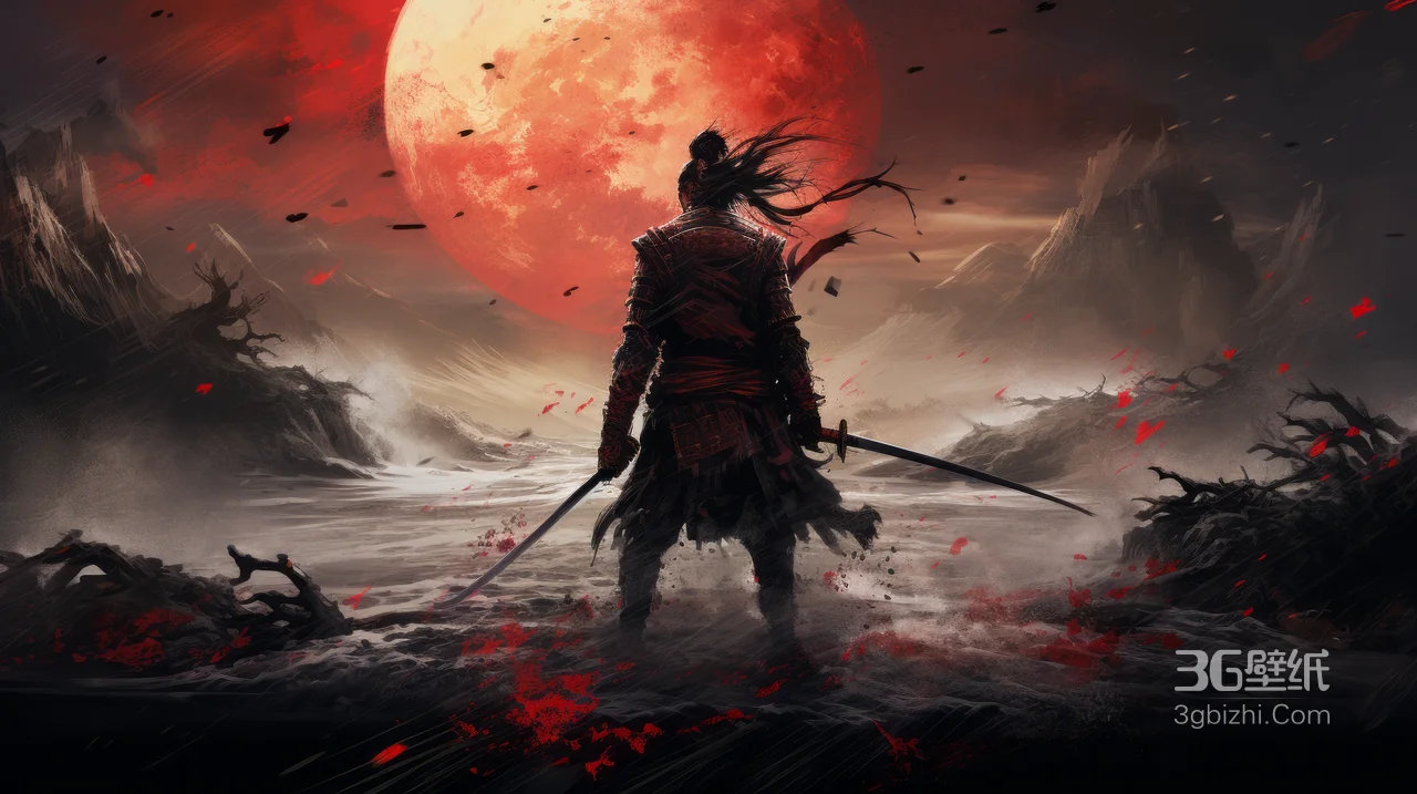 暗黑古风双剑武士背影 红月山水意境电脑壁纸1