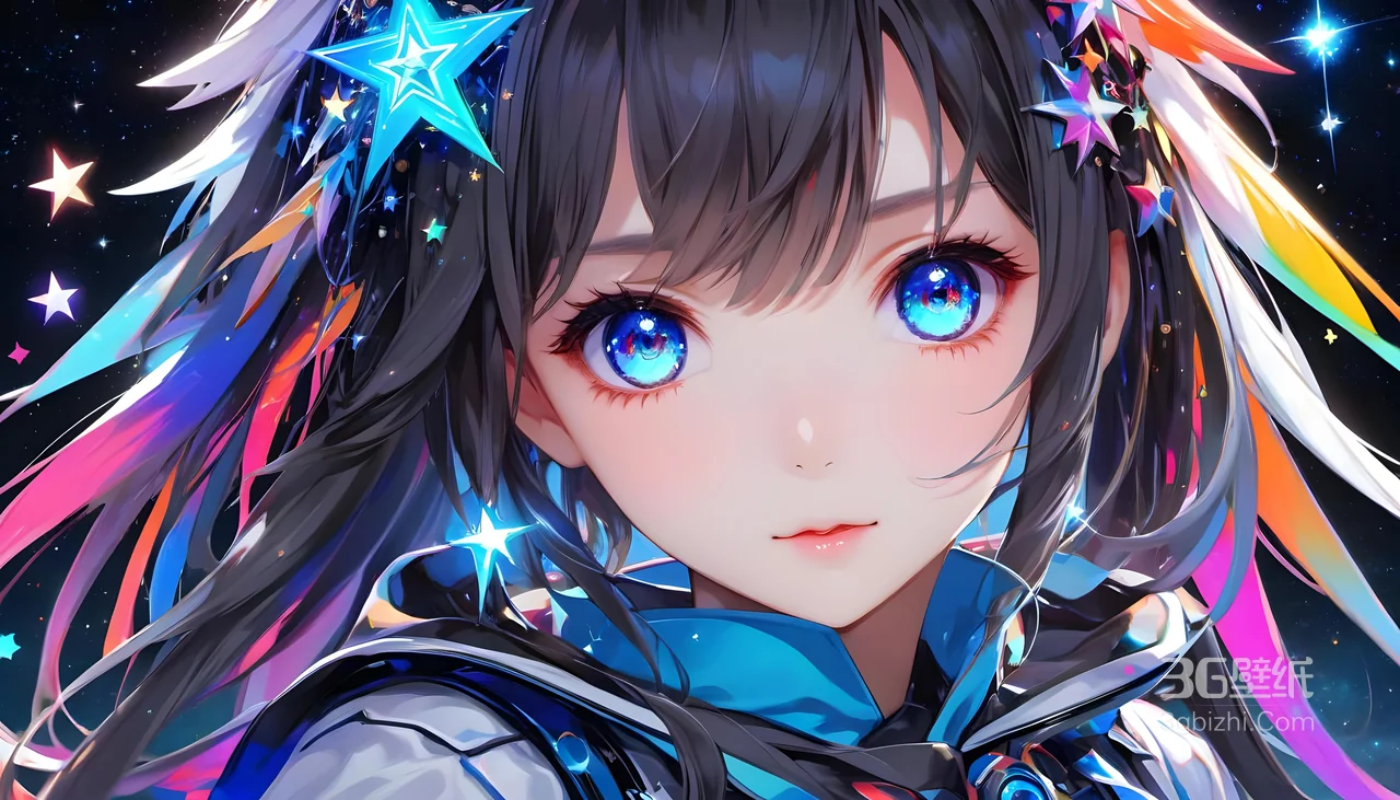 动漫女孩蓝色眼睛星星发饰彩色羽毛星空背景电脑壁纸1