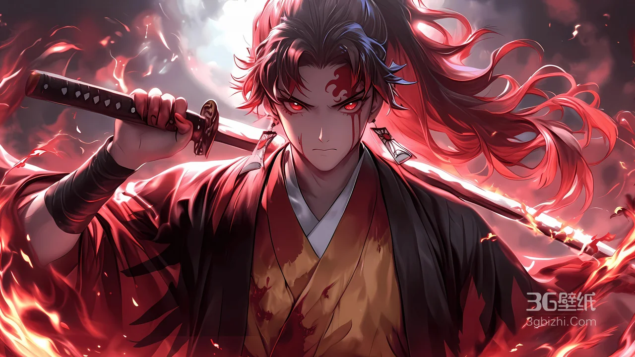 红发武士持烈焰刀动漫插画 火焰背景和服人物电脑壁纸1