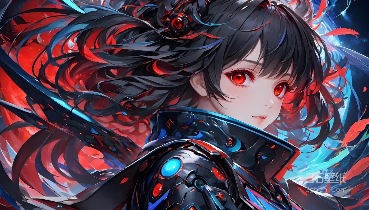 红瞳黑发动漫女 机械装甲赛博朋克科幻壁纸1