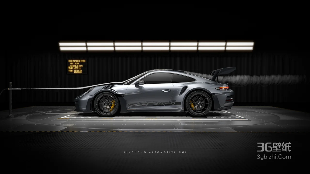 银色保时捷911跑车 LINCHONG AUTOMOTIVE 2021展示台灯光效果壁纸1