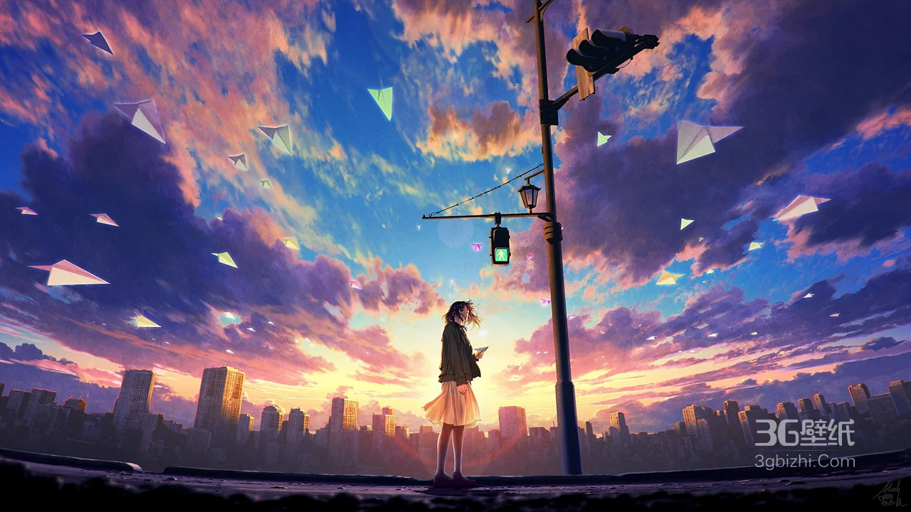 城市路灯下的女孩 晚霞天空与纸飞机唯美壁纸1