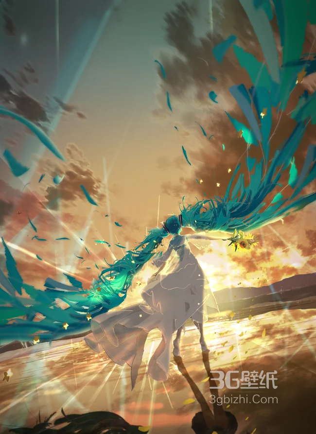 初音未来 蓝色长发 日落霞光 动漫场景壁纸1