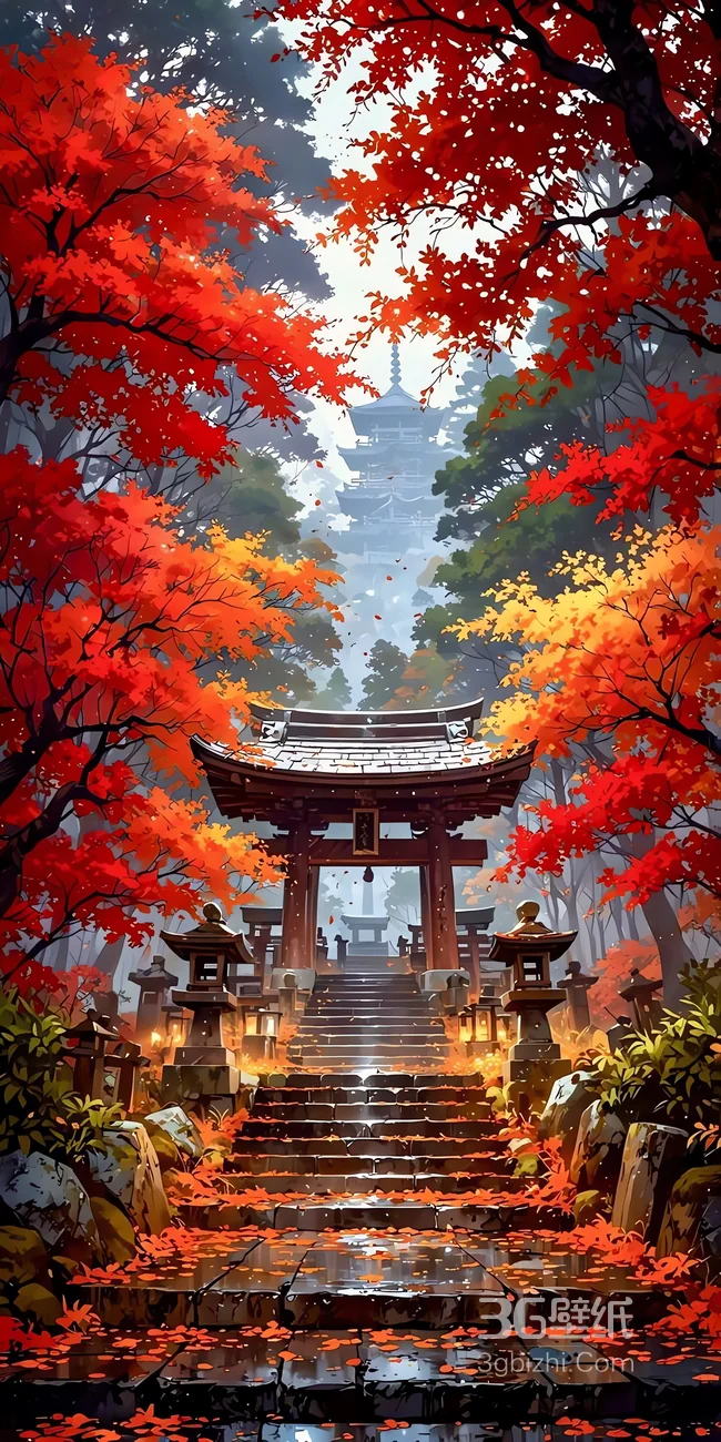 日本红叶季 鸟居石阶与古塔秋景图1