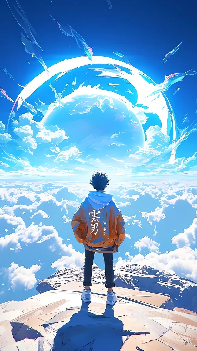 穿橙色连帽衫少年云海悬崖望蓝色天空巨大星球 动漫风1