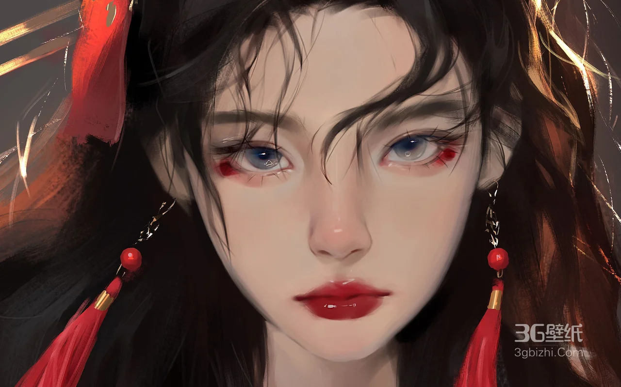 古风红衣流苏耳饰女子手绘插画壁纸1