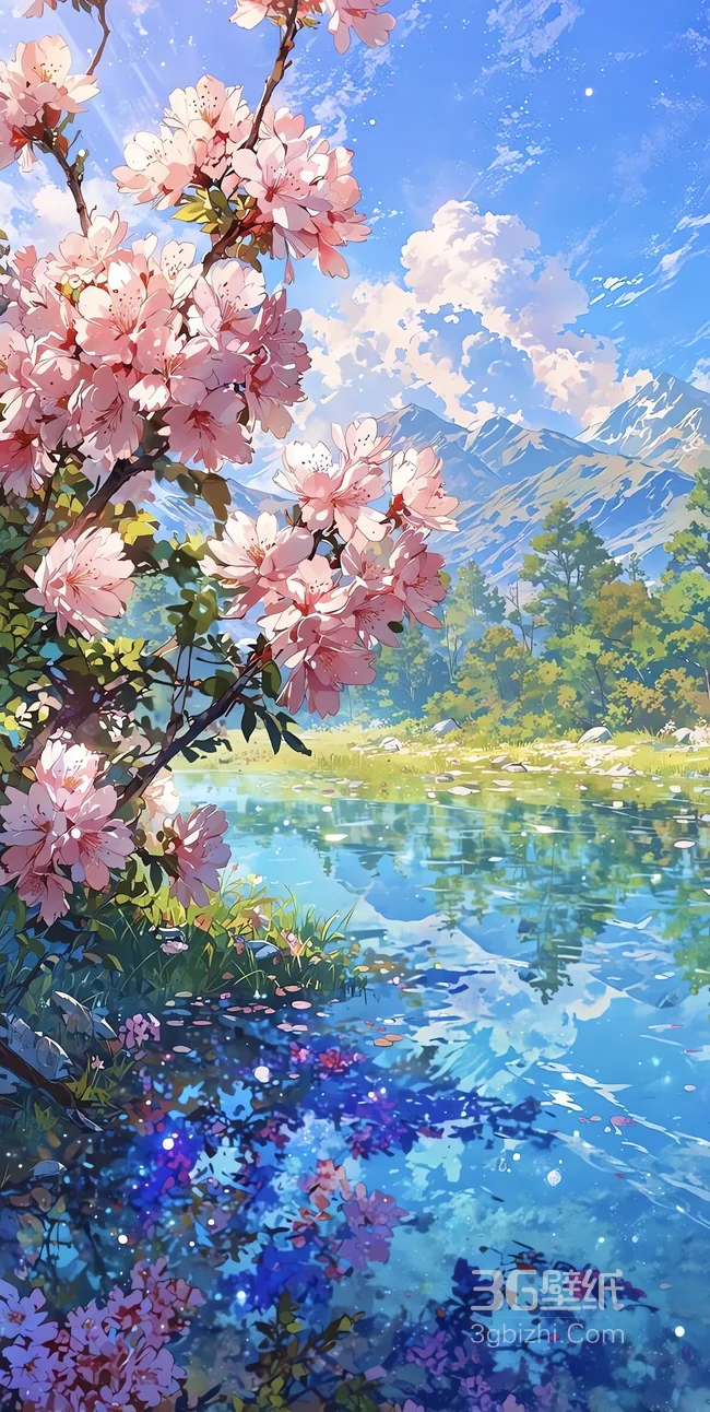 樱花湖畔春日山水插画风景1