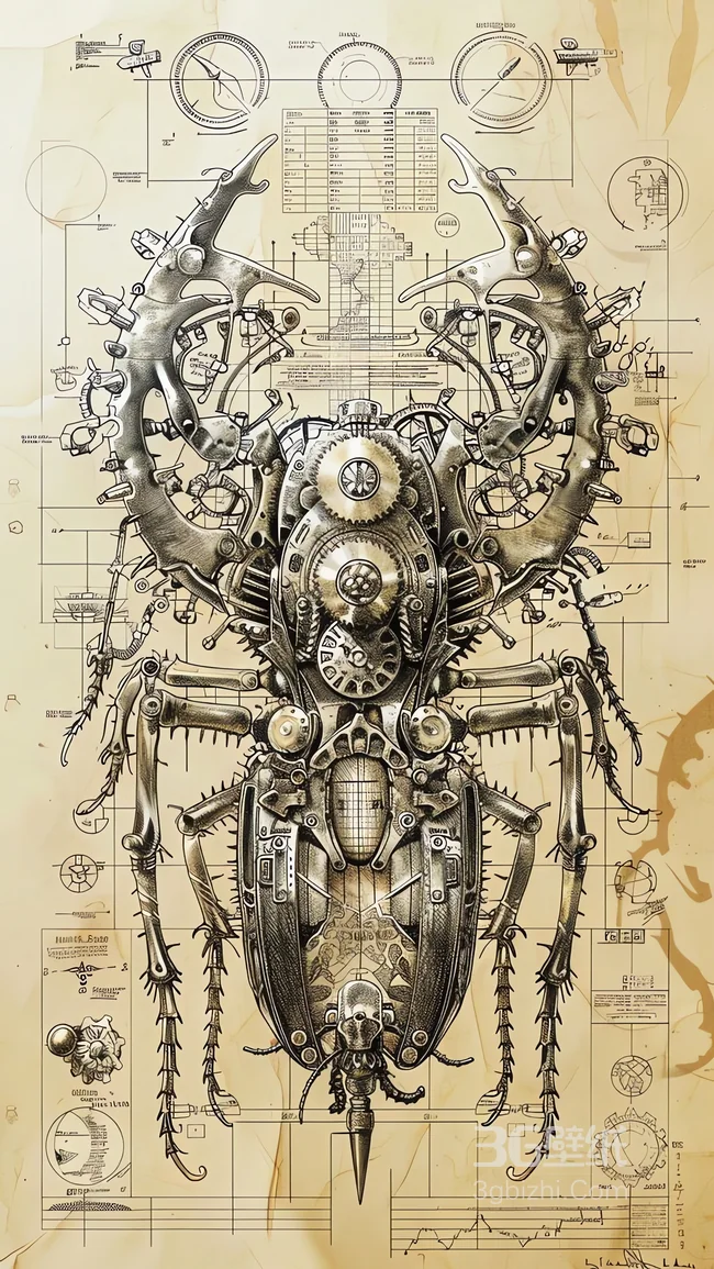 蒸汽朋克机械甲虫蓝图设计复古壁纸1