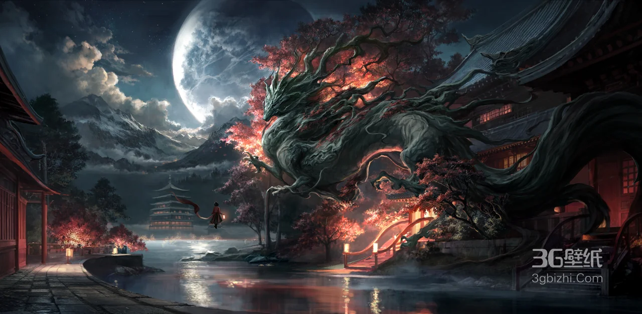 月下古风建筑龙火奇幻场景壁纸1