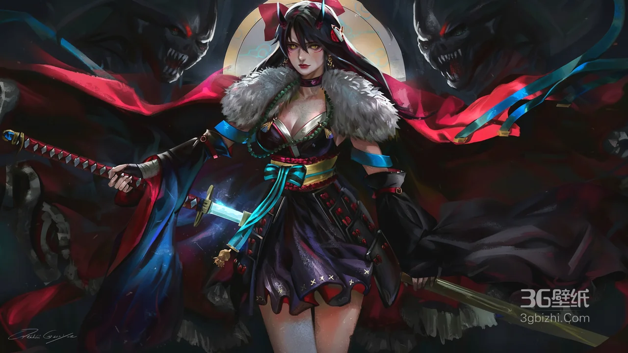 月下红披风女武士持剑暗黑幻想插画1