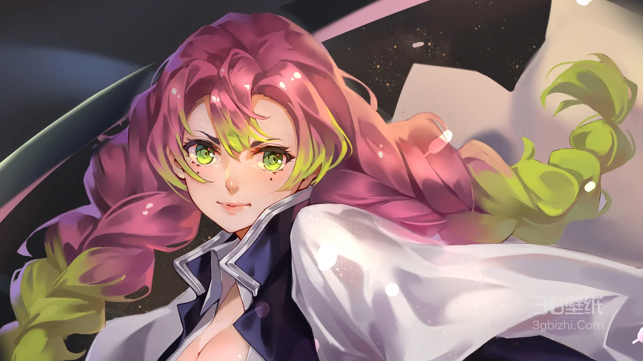 粉绿发绿瞳《鬼灭之刃》里的甘露寺蜜璃动漫少女星空背景插画1