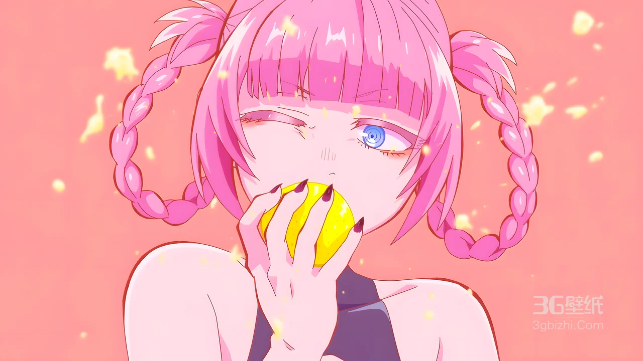 粉色双马尾动漫少女咬柠檬发光插画1