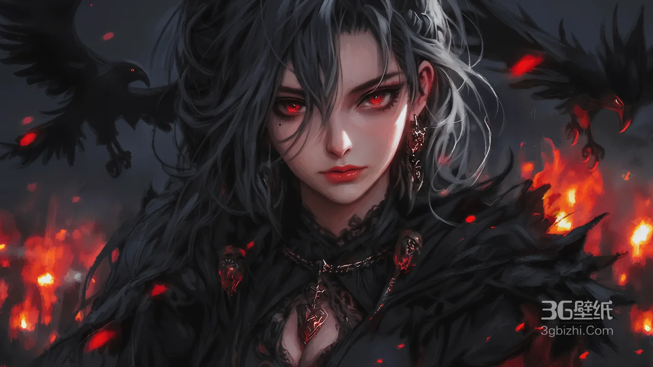暗黑红瞳鸦羽少女 火焰背景奇幻插画1