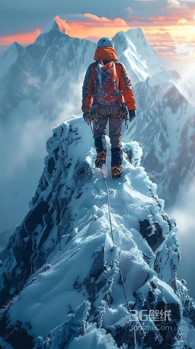 登山者立雪山之巅 夕阳云海映险峰1