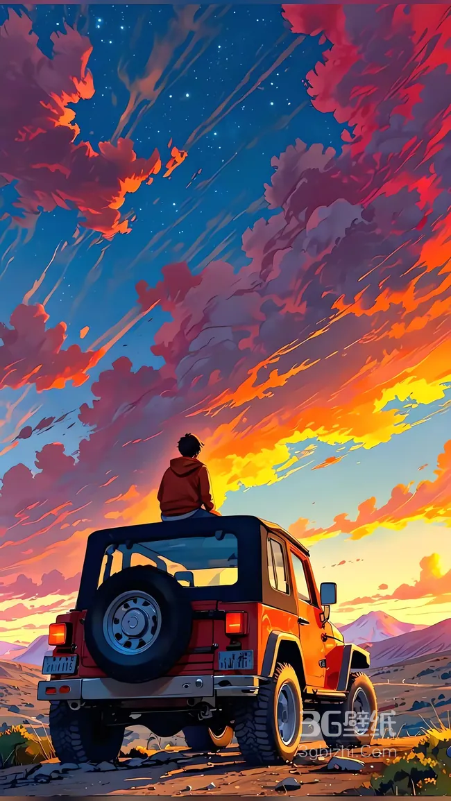 少年坐越野车顶望山巅晚霞天空1