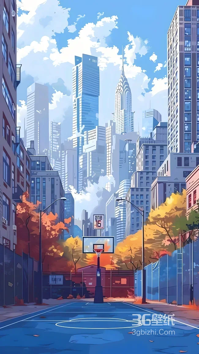 城市秋日篮球场 高楼白云插画景1