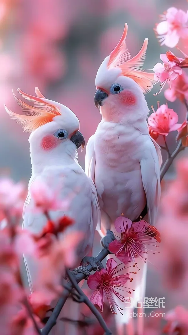 粉红凤头鹦鹉依偎粉花枝头1