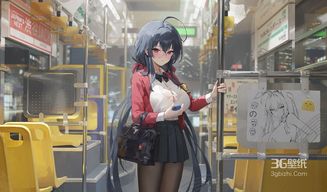 JK少女 电车车厢内 动漫插画壁纸1