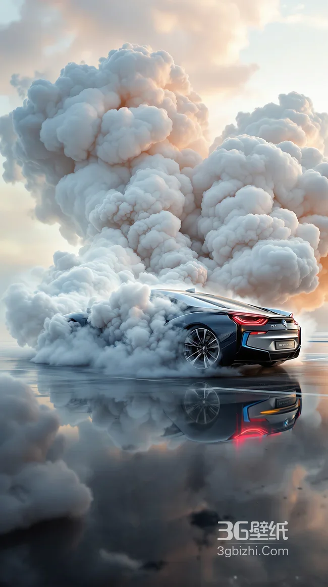 烟雾中疾驰的黑色跑车 水面倒影映云霞1