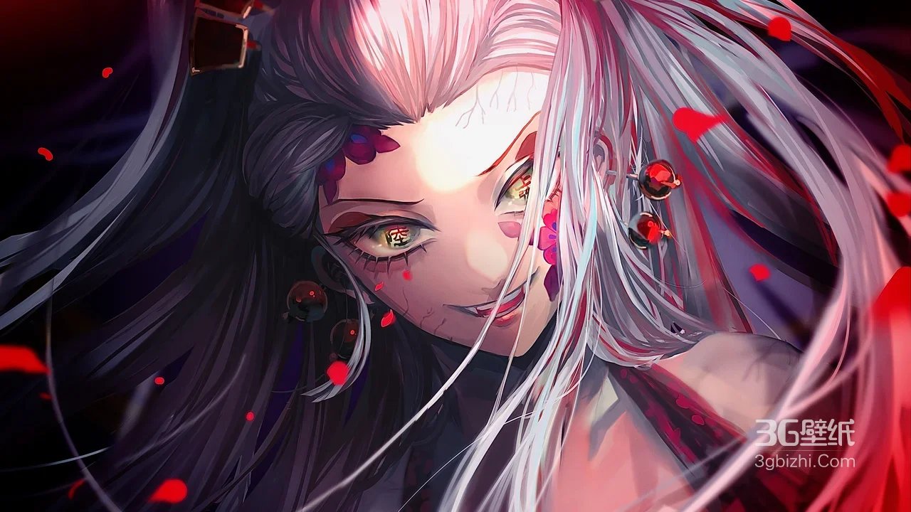 粉发妖异少女 红花瓣飘落动漫插画1