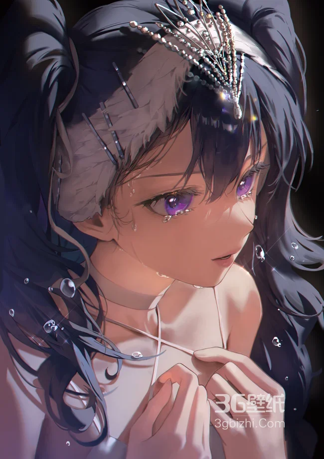 紫眸黑长直少女 湿发水晶头饰动漫插画1