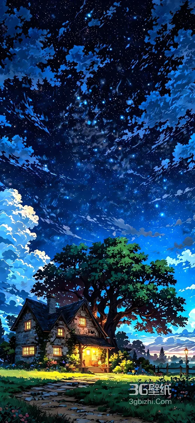 治愈系星空下的林间小屋夜景1