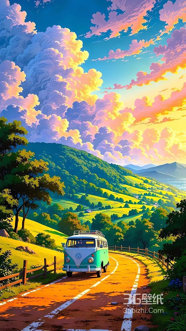 夕阳下绿色VW面包车行驶山间小路1