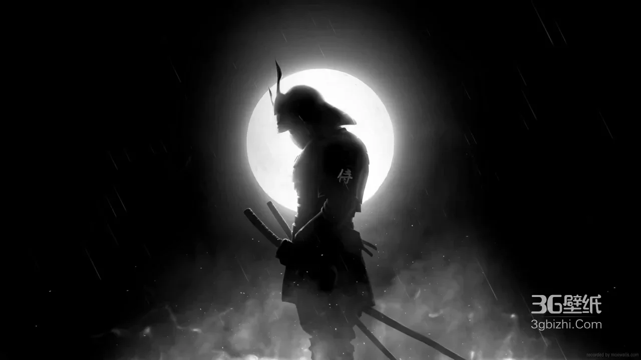 武士月夜剪影 雨雾盔甲持刀古风1