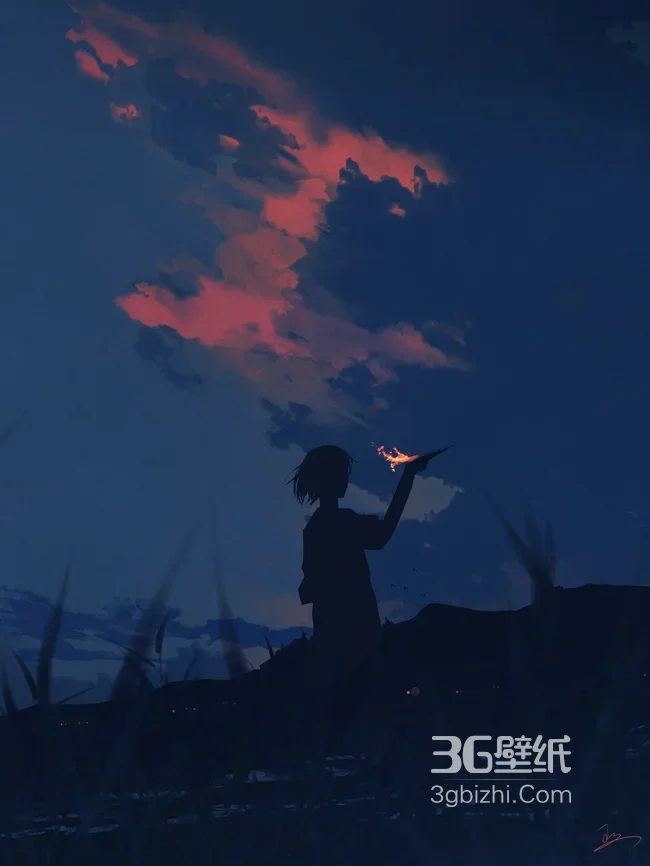 剪影少女伫立旷野 夜空红云彩映草地1