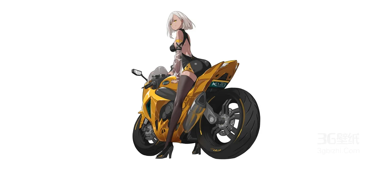 白发少女骑黄色摩托车动漫高清插画1