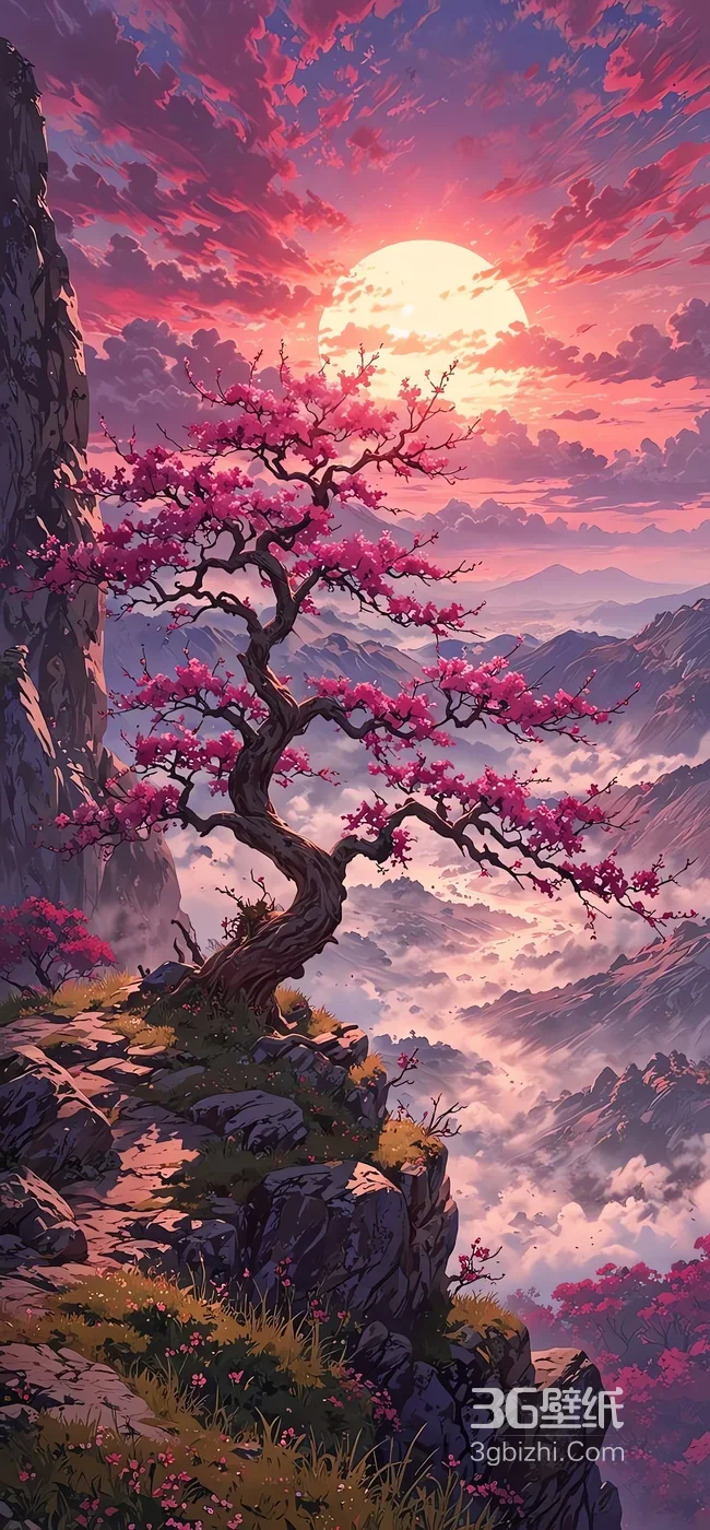 悬崖粉樱映落日山水意境图1