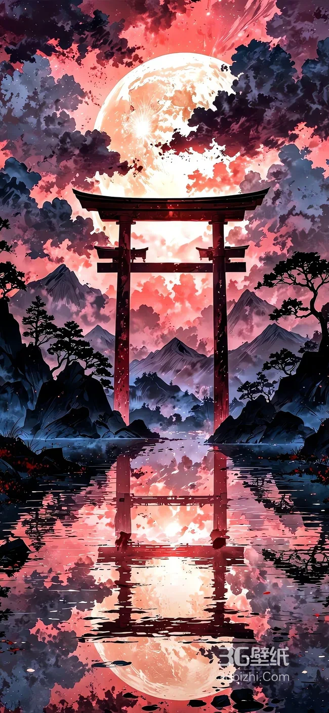 红月山水间 和风鸟居倒影图1