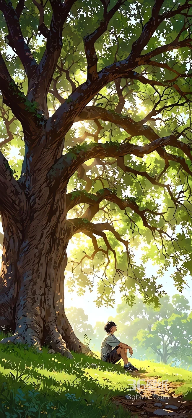 少年大树下沐阳光治愈插画1