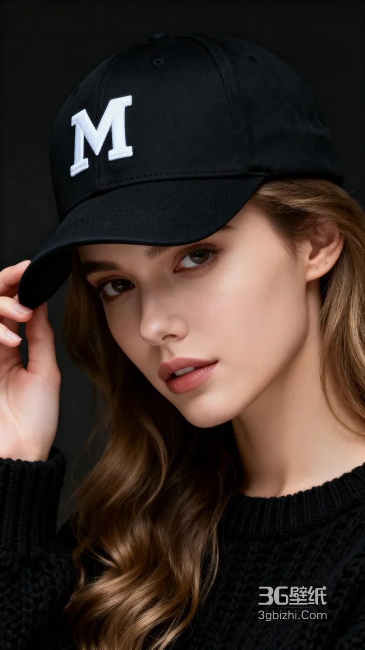 戴M字母帽女生室内时尚人像1