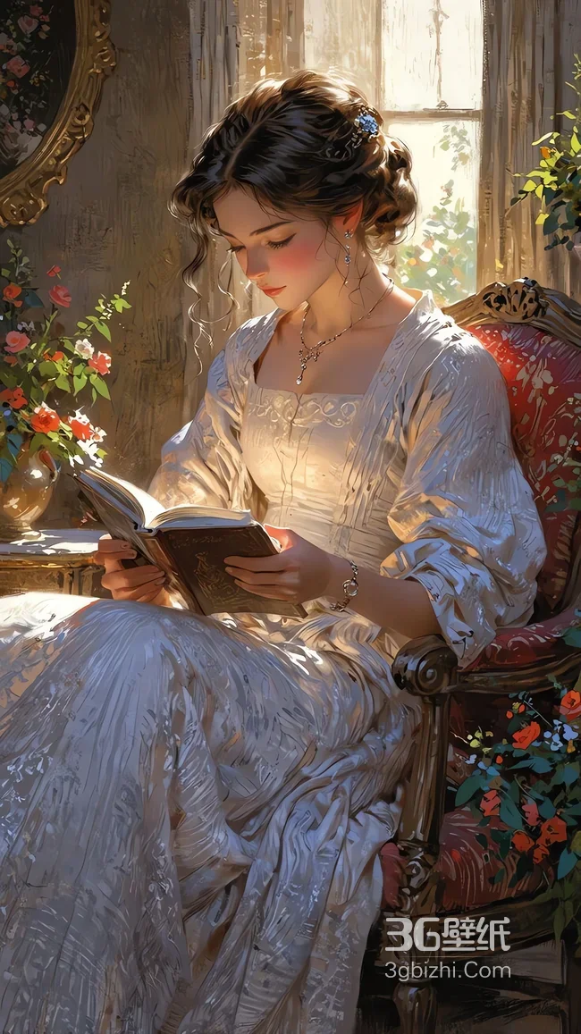 古典窗边阅读女子 油画风室内场景1