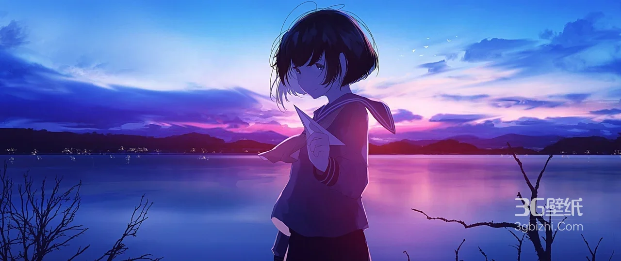 动漫女孩湖边日落背影风景1