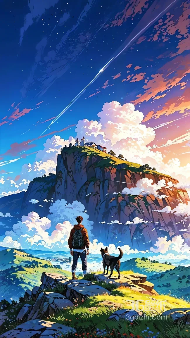 男子与狗山顶望星空云海日落1