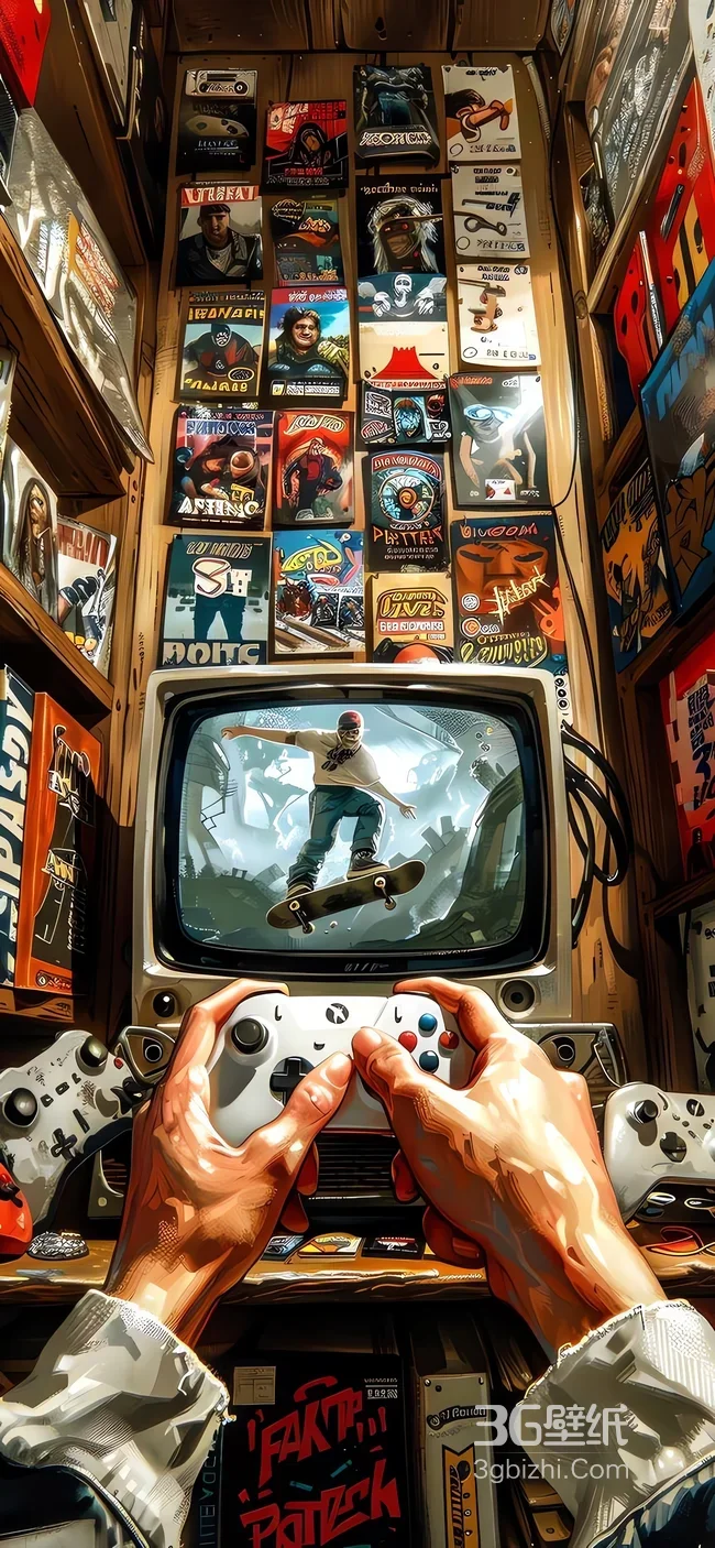 复古电视前滑板少年握游戏手柄操控1