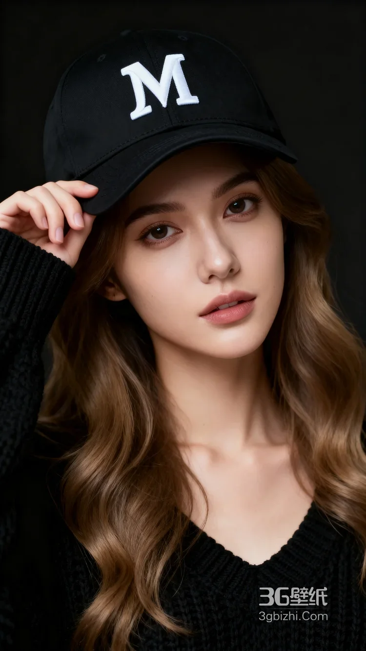 戴M字母帽女生室内时尚人像3