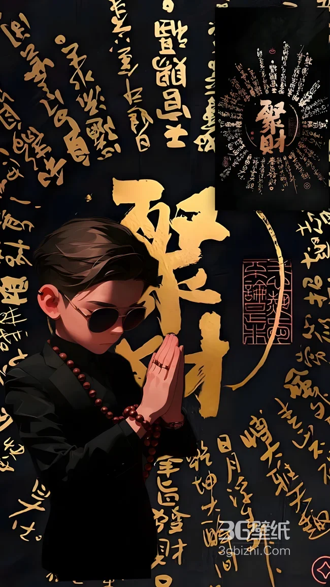 卡通墨镜少年合十聚财黑金书法壁纸1