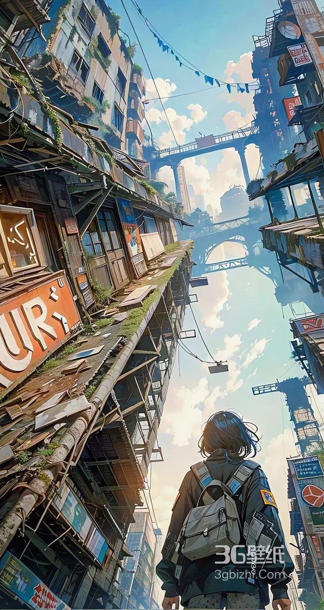 赛博朋克城市街道中的背包人物1