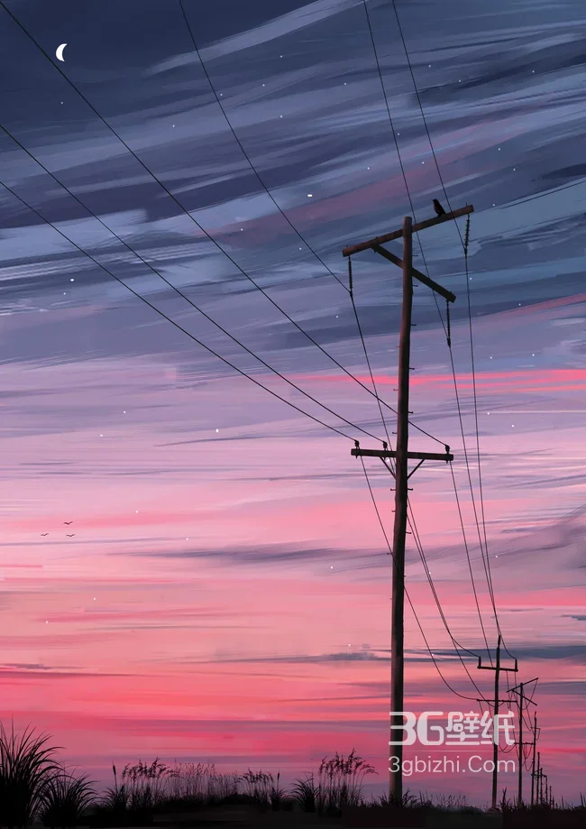 郊外暮色电线杆与粉紫晚霞夜空1
