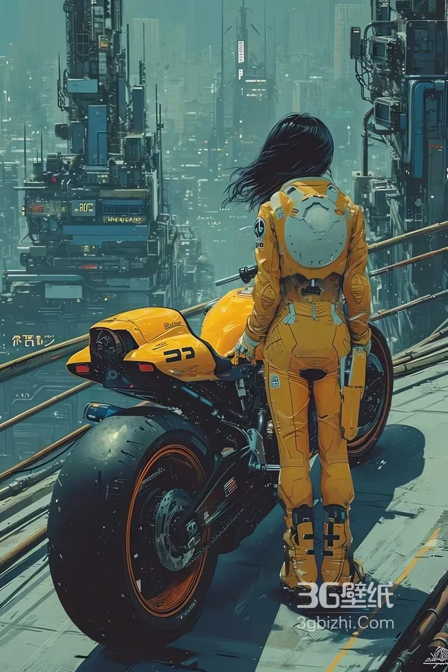 赛博朋克女骑手与黄色摩托俯瞰未来都市1