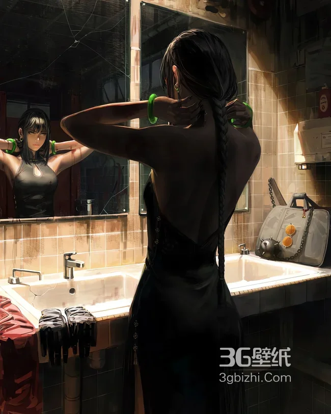 浴室镜前梳发神秘女子背影1