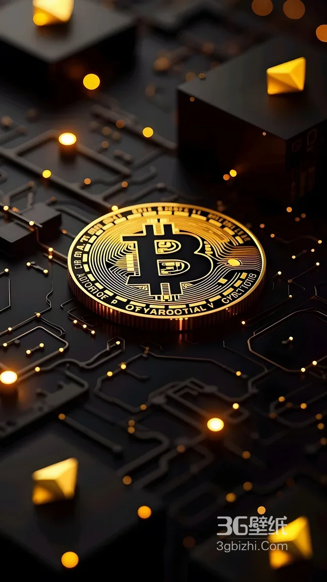 区块链科技主题 金色比特币电路板发光壁纸1