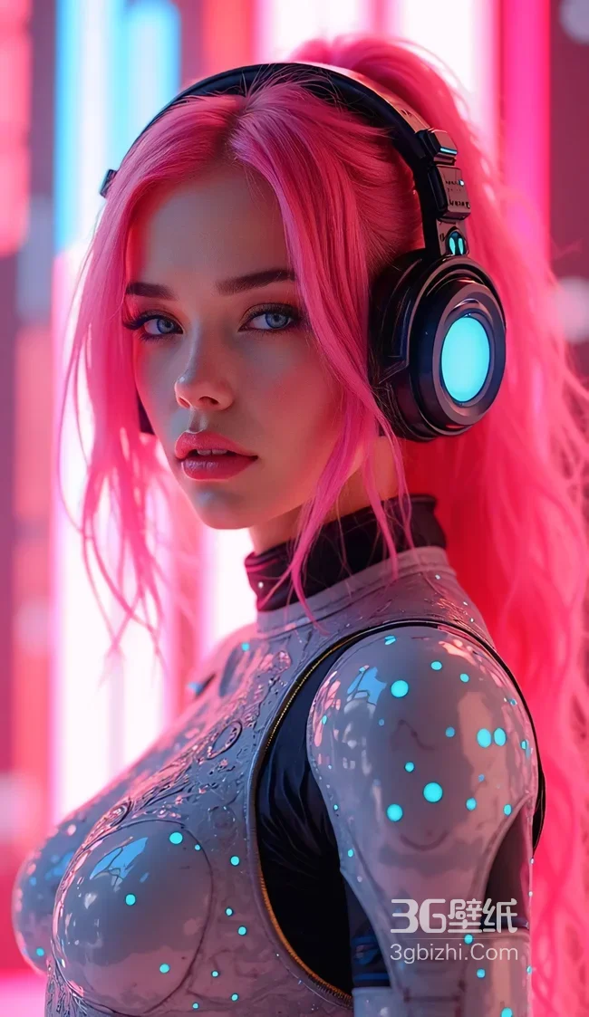 赛博朋克粉发少女霓虹耳机虚拟插画
