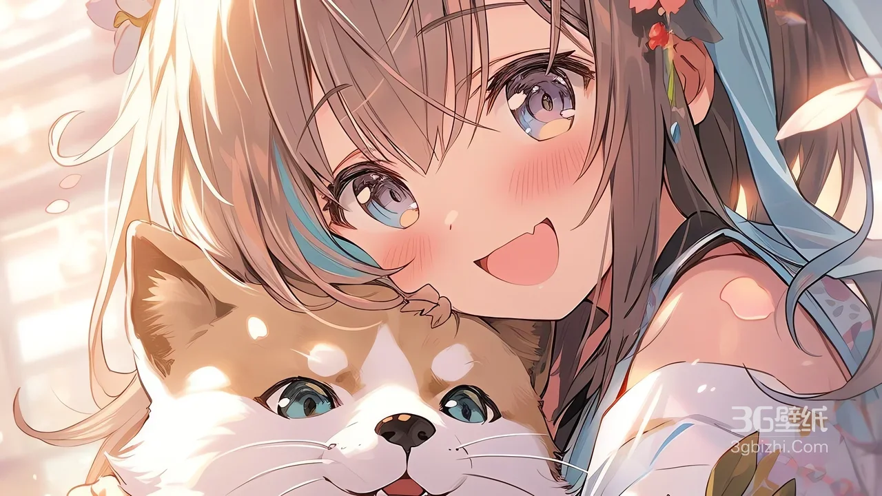 动漫女孩抱柴犬阳光下温馨二次元插画1