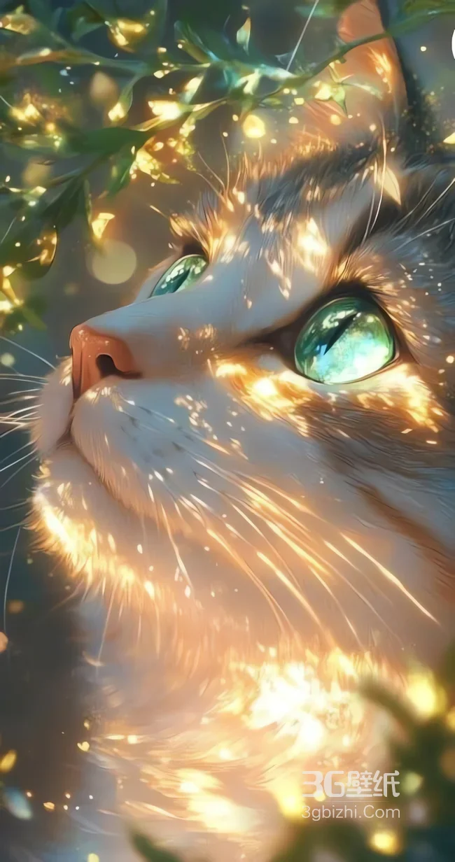 绿眸猫咪仰望枝叶间金色流光1